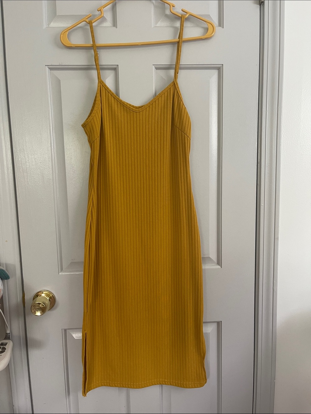 Say What? Mustard Ribbed Spaghetti Strap Midi Dress